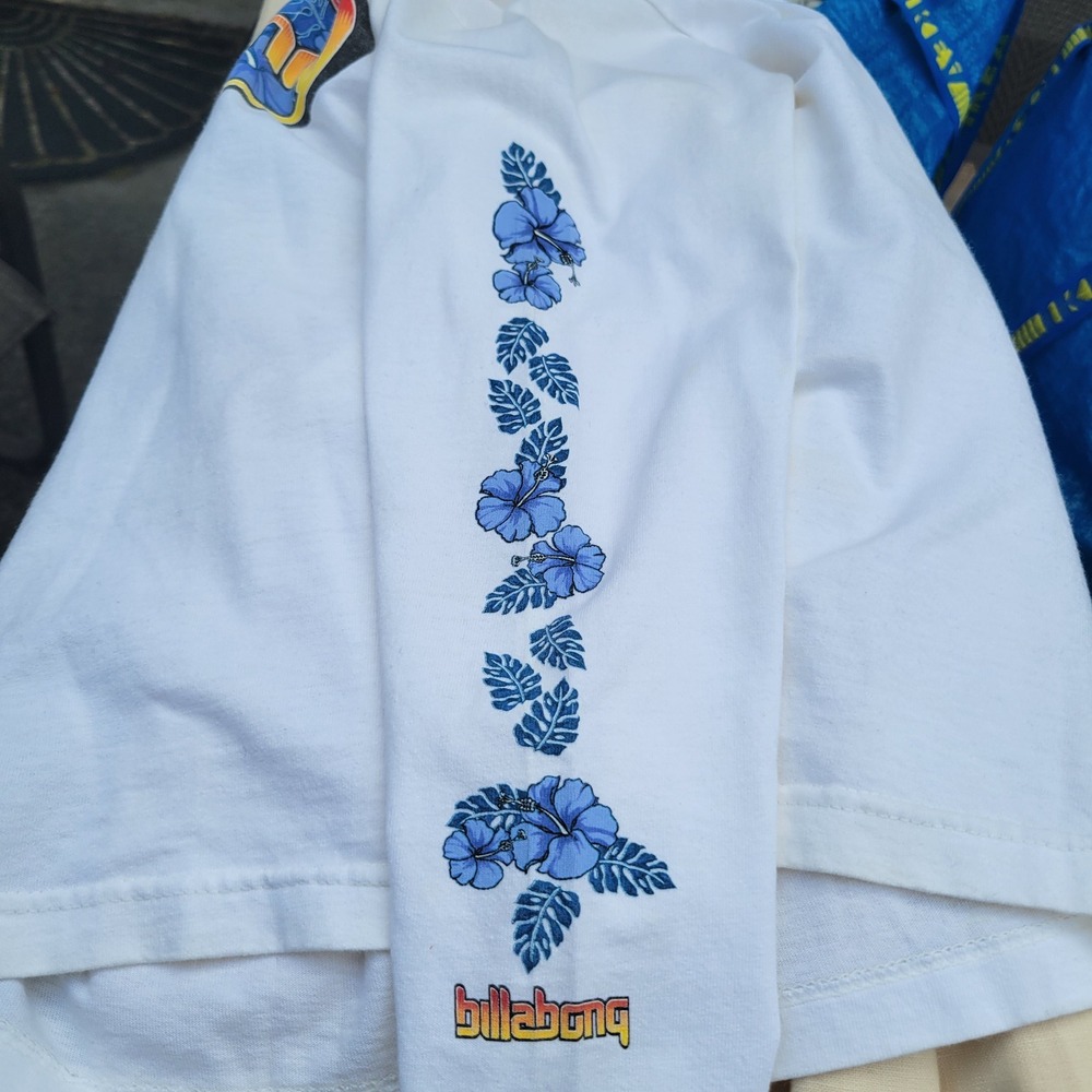 Y2K VTG Billabong Long Sleeve Graphic Tee Hibiscus Floral Logo S 90s Made in USA - Picture 8 of 8